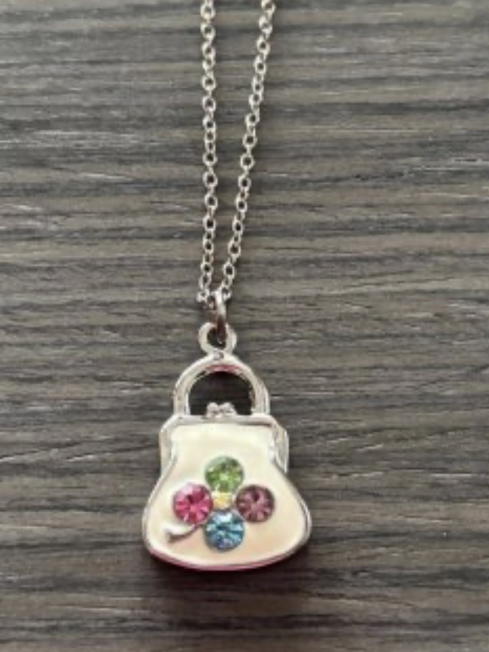 Vintage White Enamel Sterling Silver Rhodium Plated Crystal Purse Necklace